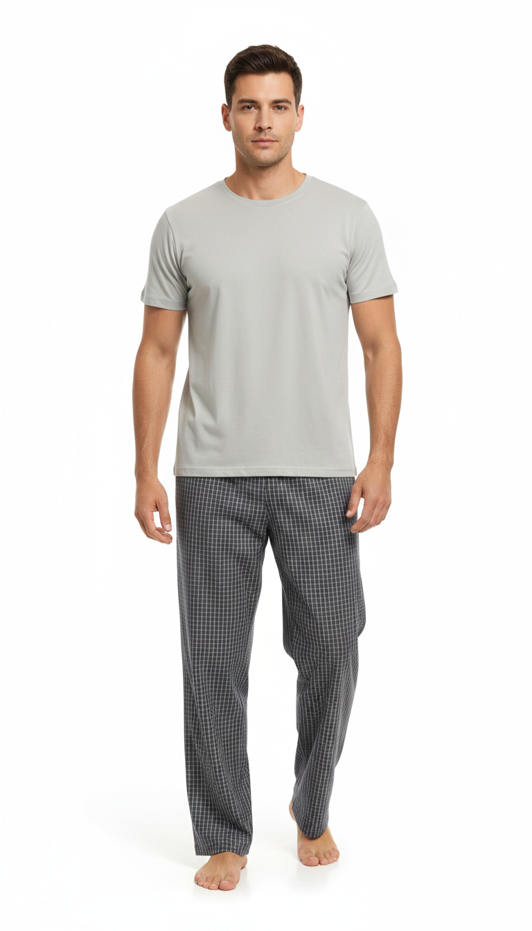 بيجامة رجالي - تيشيرت قطن مع بنطلون قماش
