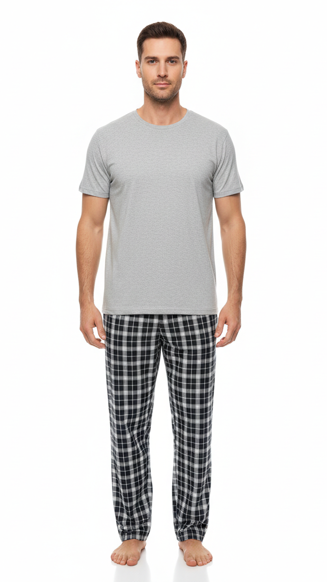بيجامة رجالي - تيشيرت قطن مع بنطلون قماش