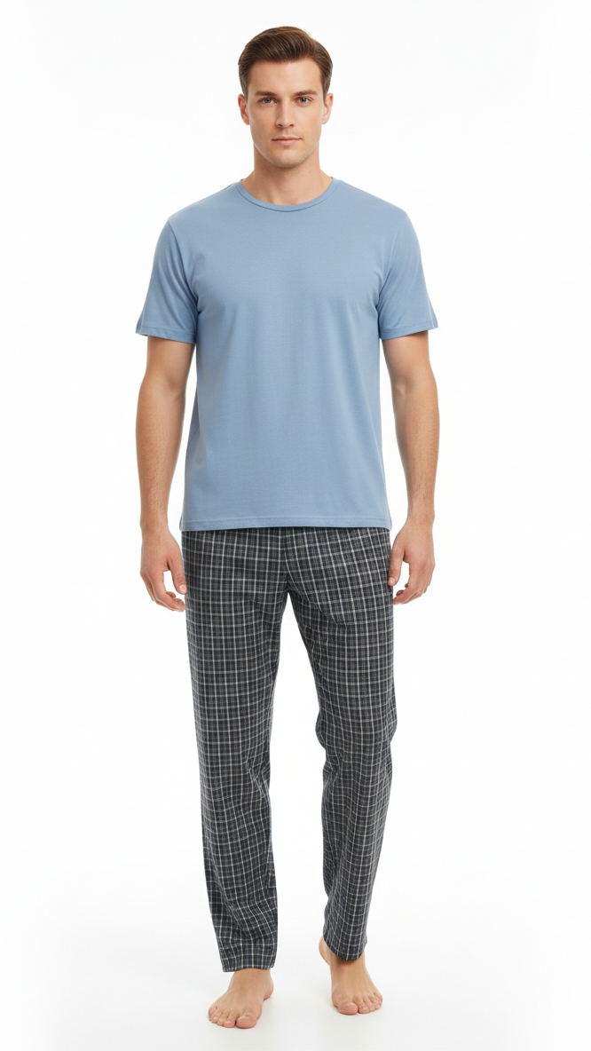 بيجامة رجالي - تيشيرت قطن مع بنطلون قماش