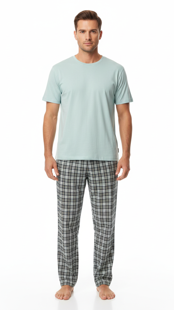 بيجامة رجالي - تيشيرت قطن مع بنطلون قماش